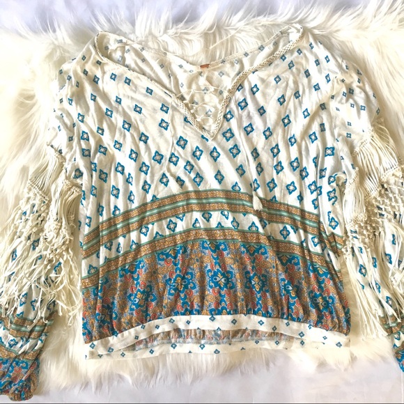 Free People Boho Long Sleeve Ivory Fringe Top - Picture 4 of 5